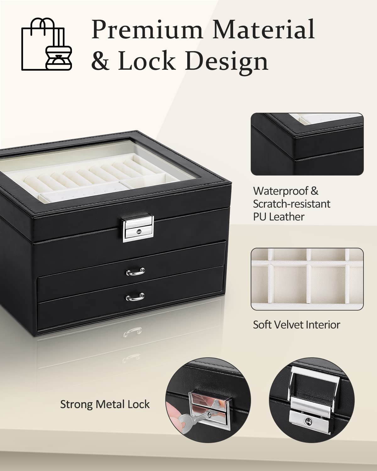 Jewelry Boxes for Women with Glass Lid Top 3Layer Jewelry Organizer