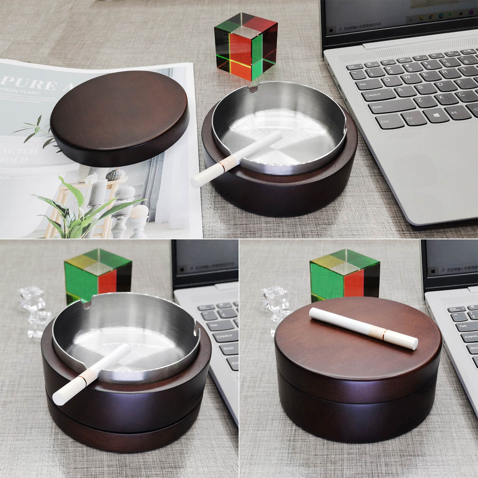 Ashtray for Weed, Wooden Ashtray with Lid & Stainless Steel Liner