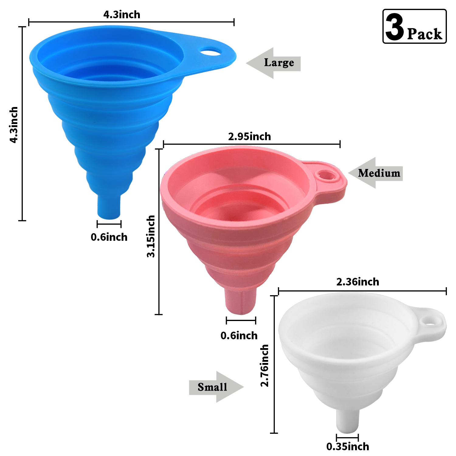 Collapsible Kitchen Funnel Set, Large/Medium/Small Size, 3PCS Silicone
