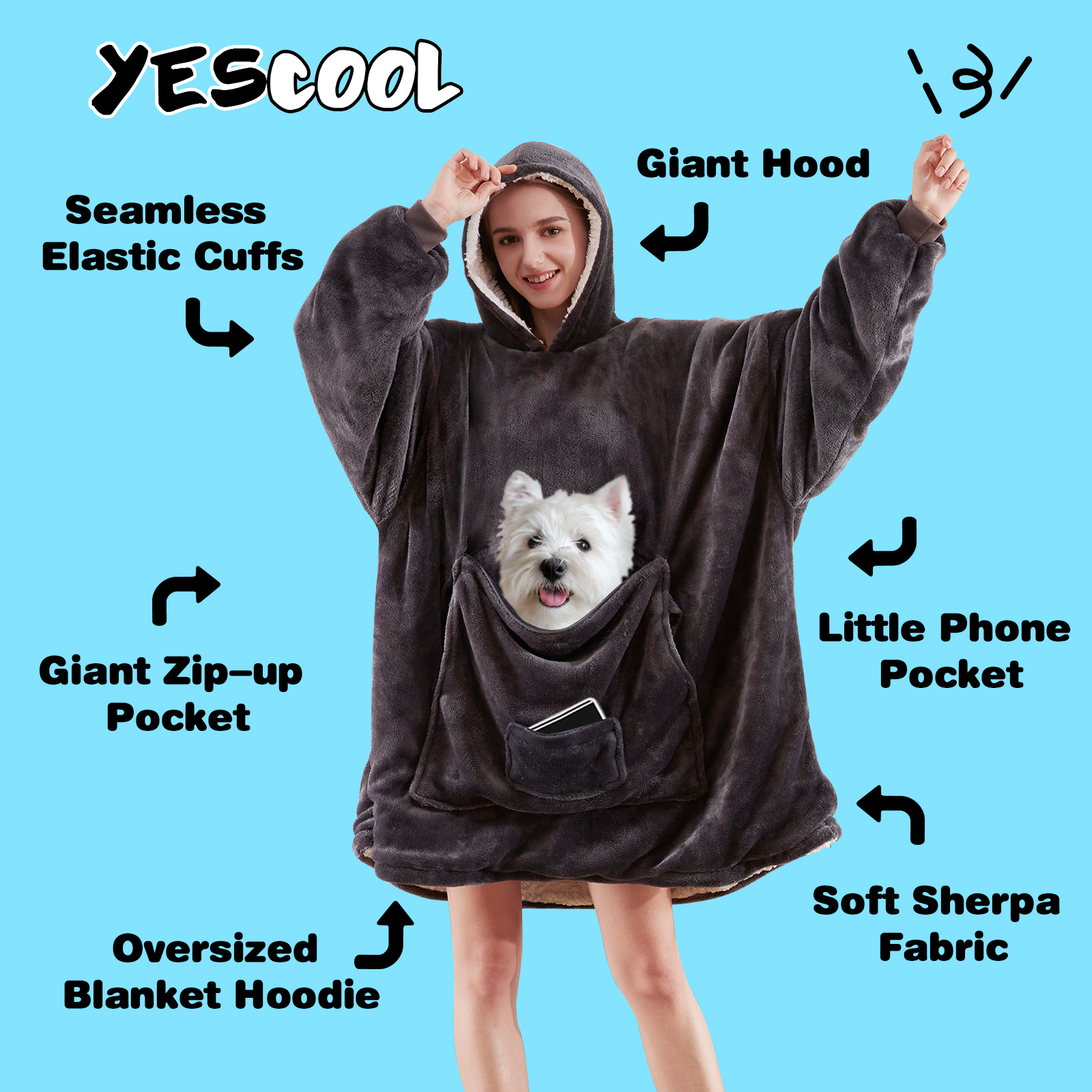 yescool Wearable Blanket Hoodie, Oversized Sherpa Hooded Blanket