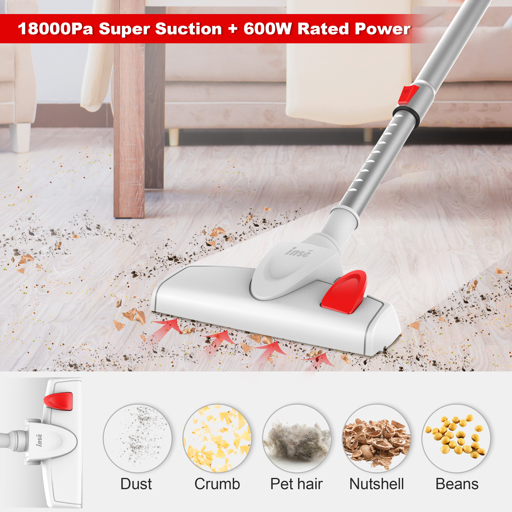 INSE Vacuum Cleaner Corded 18Kpa Powerful Suction Stick and Handheld