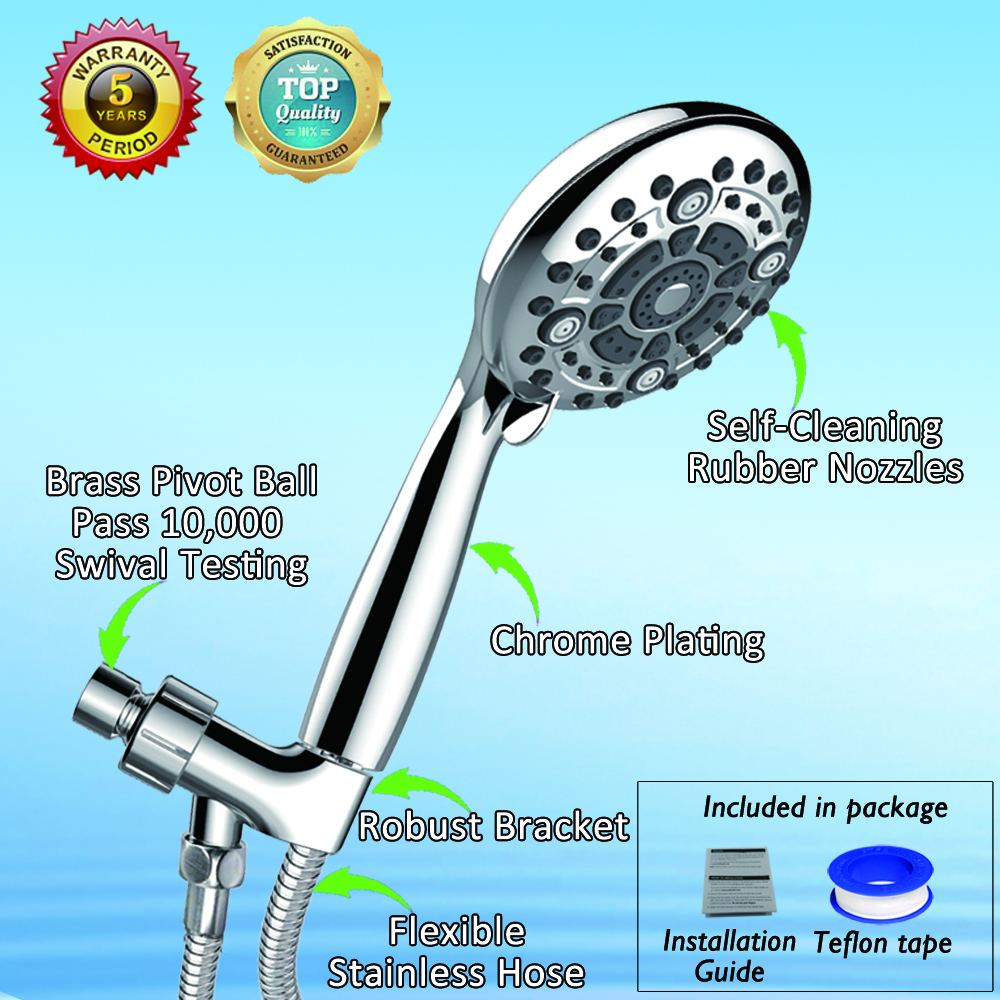 IHAO High Pressure Handheld ShowerHead with Flexible Metal Hose 6 modes Powerful Spray Force