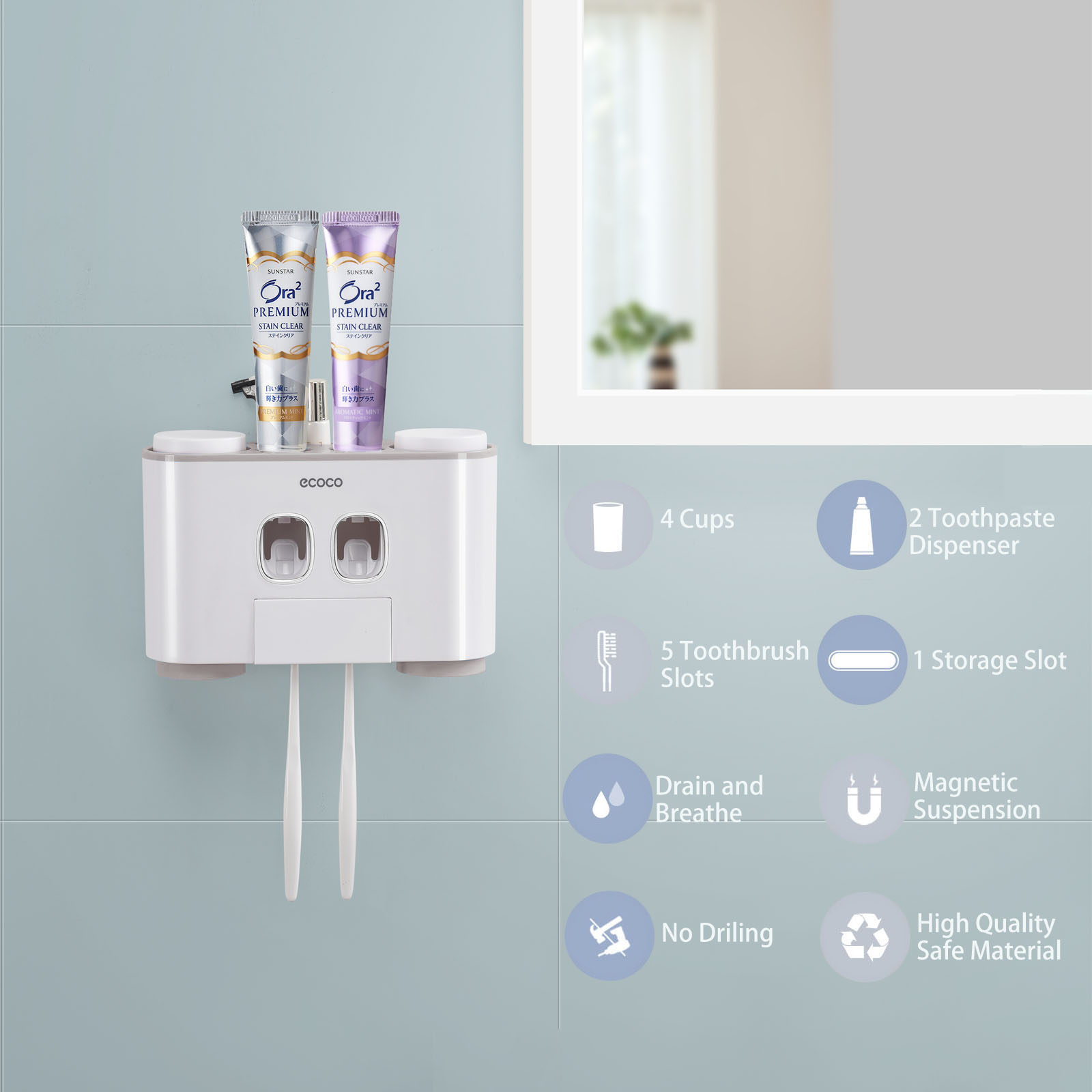 MOPMS Wall Mounted Toothbrush Holder Bathroom Toothpaste Dispenser with 4 Cups, 5 Brush Slots