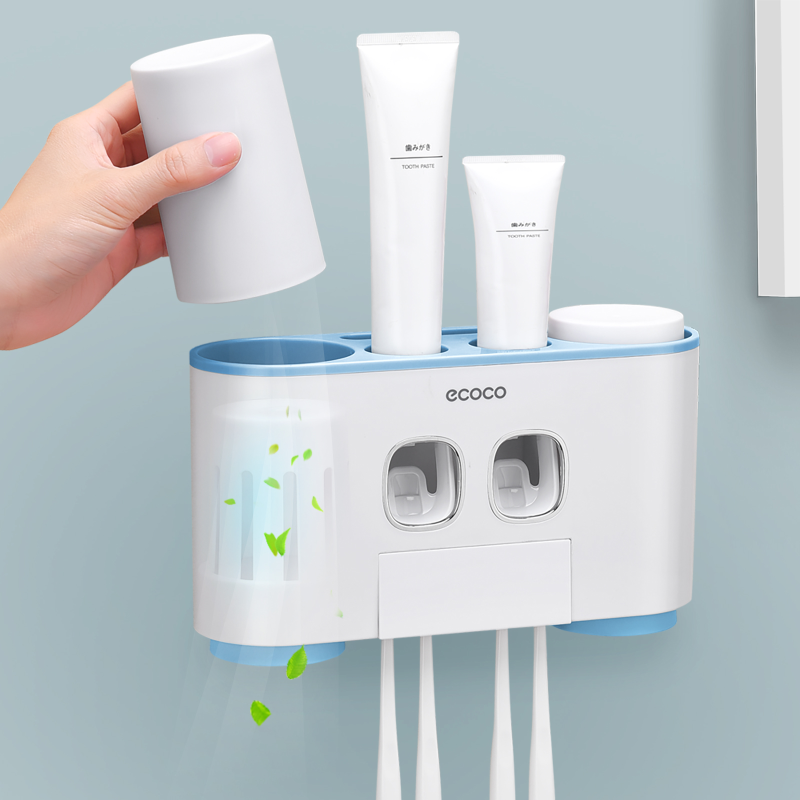 MOPMS Wall Mounted Toothbrush Holder Bathroom Toothpaste Dispenser with 4 Cups, 5 Brush Slots