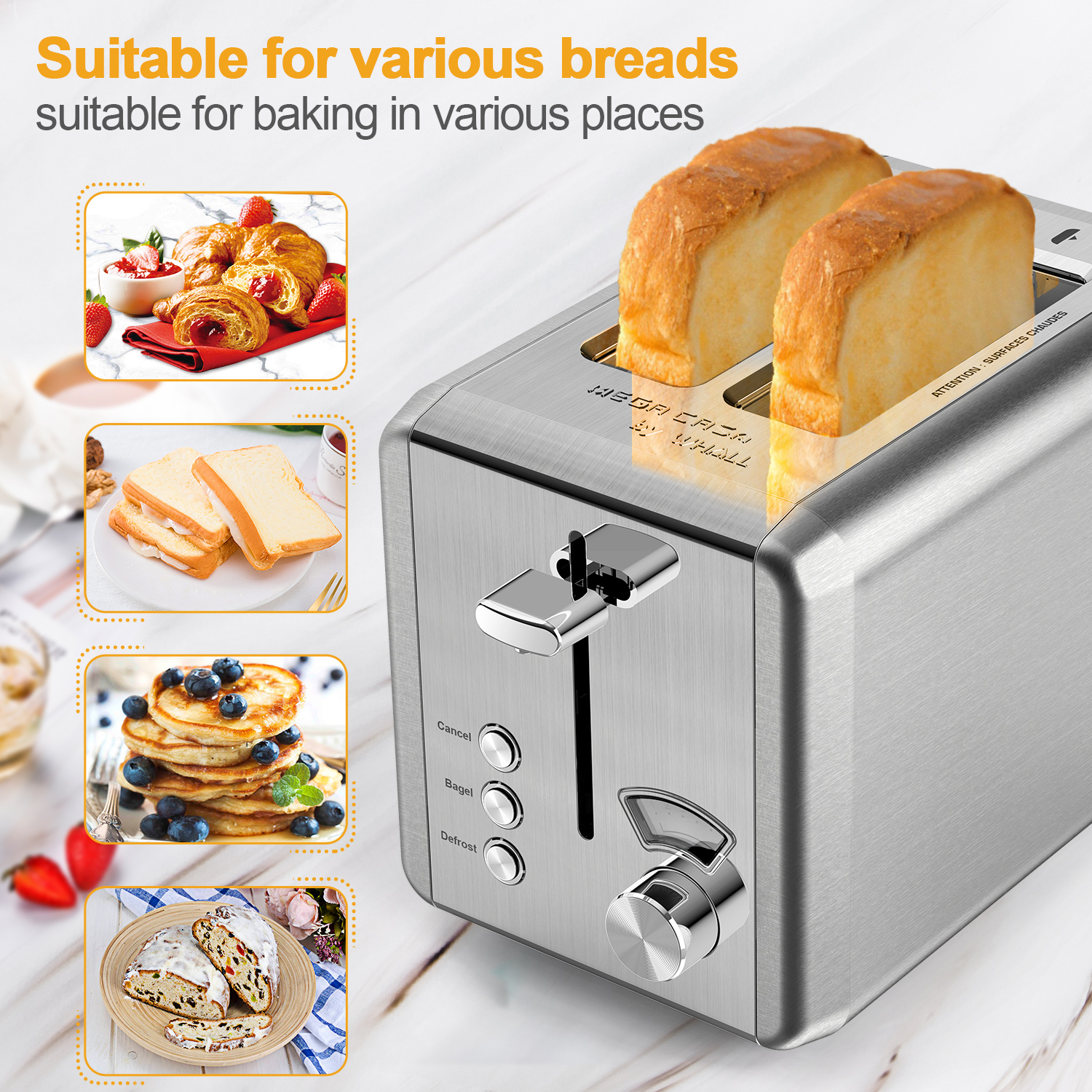 WHALL Toaster 2 Slice Stainless Steel Toasters with Bagel,Cancel