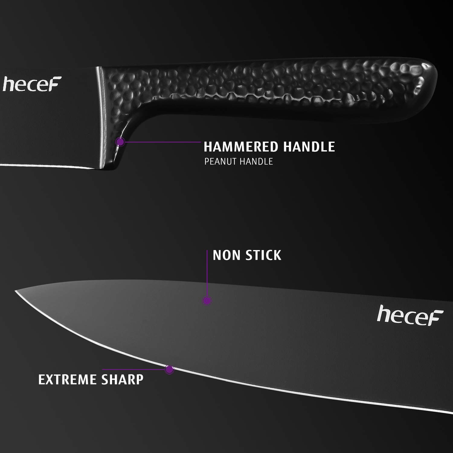 hecef Black Knife Set with Hammered Handle, NonStick Coating Knife