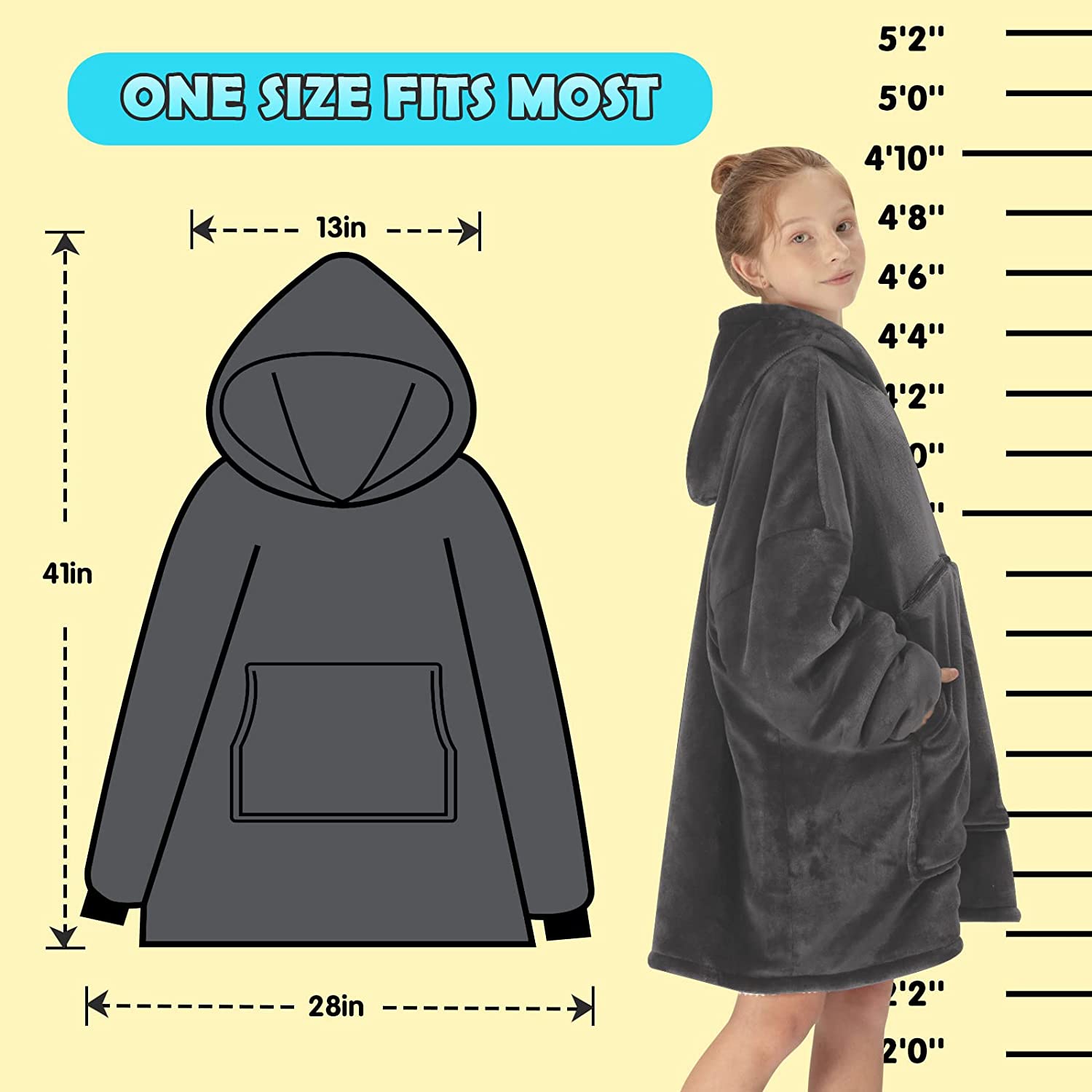 yescool Wearable Blanket Hoodie Kids, Oversized Blanket Sweatshirt with