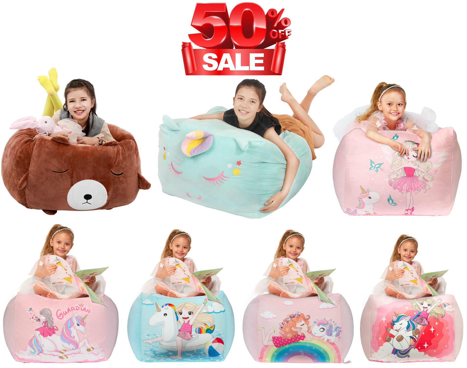 Unicorn Bean Bag Chairs for Girls Room Decor, Stuffed Animal Storage Pink, Gifts for Girls