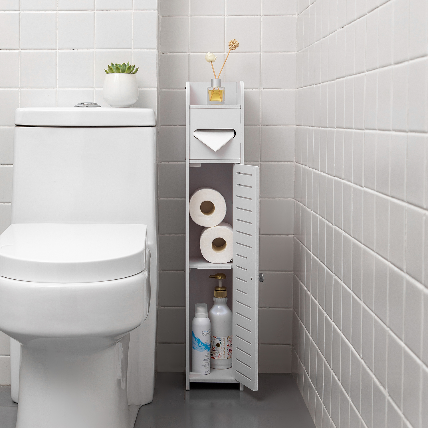 AOJEZOR Small Bathroom Storage Corner Floor with Doors and Shelves,Thin Toilet Vanity