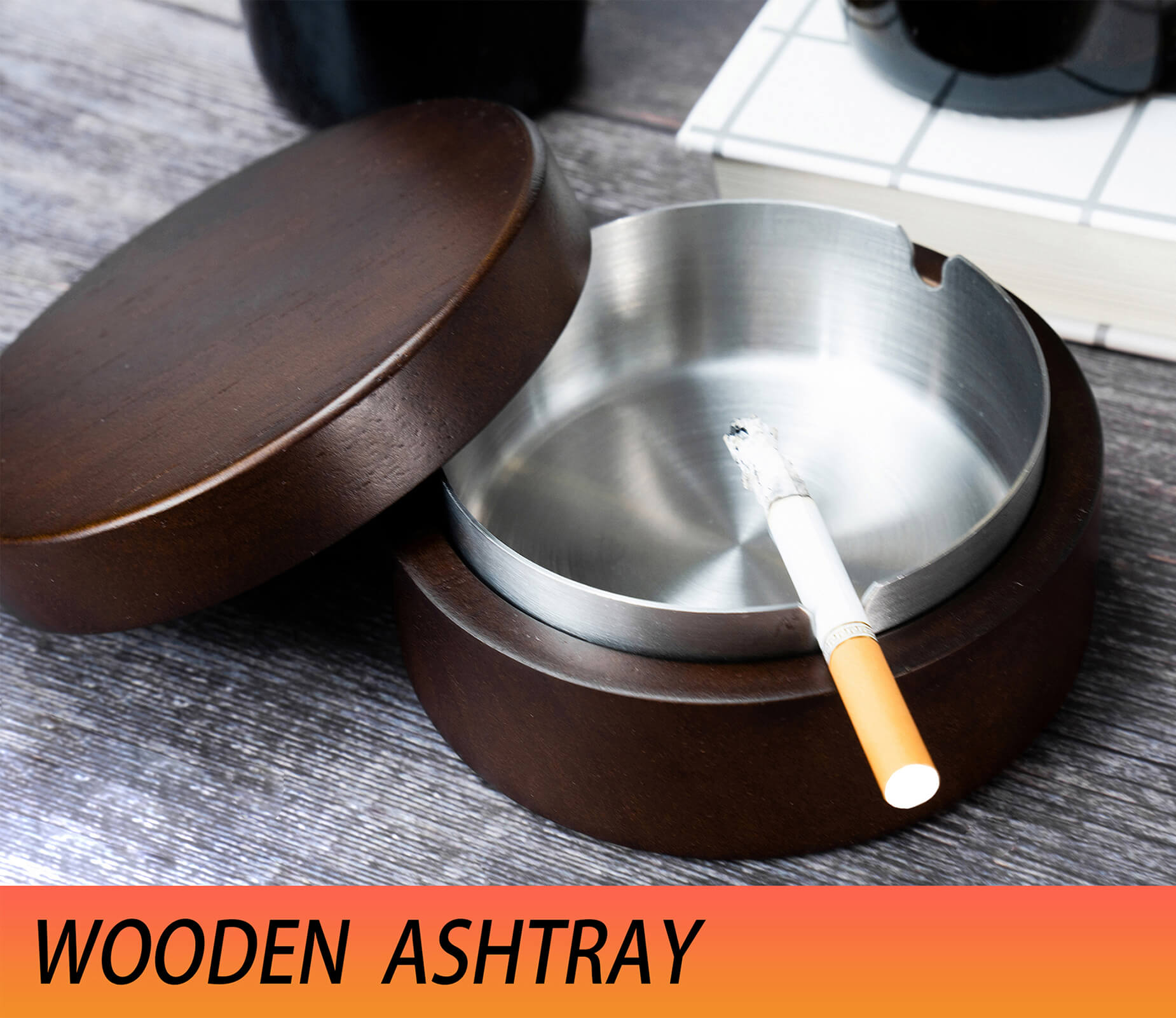 Ashtray for Weed, Wooden Ashtray with Lid & Stainless Steel Liner