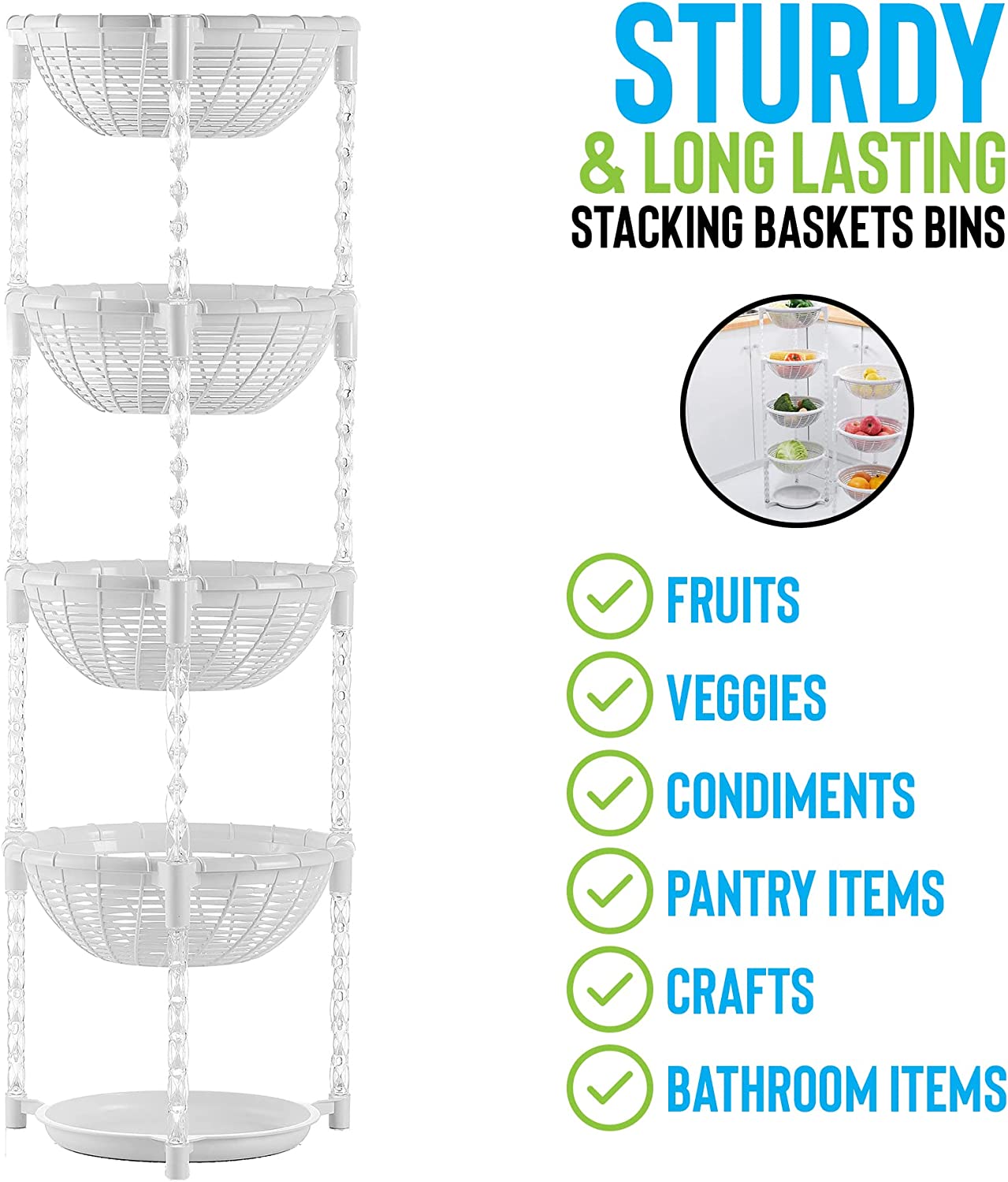 Uncluttered Designs Stacking Basket Bins (4 Tier + Plate) — Display for ...