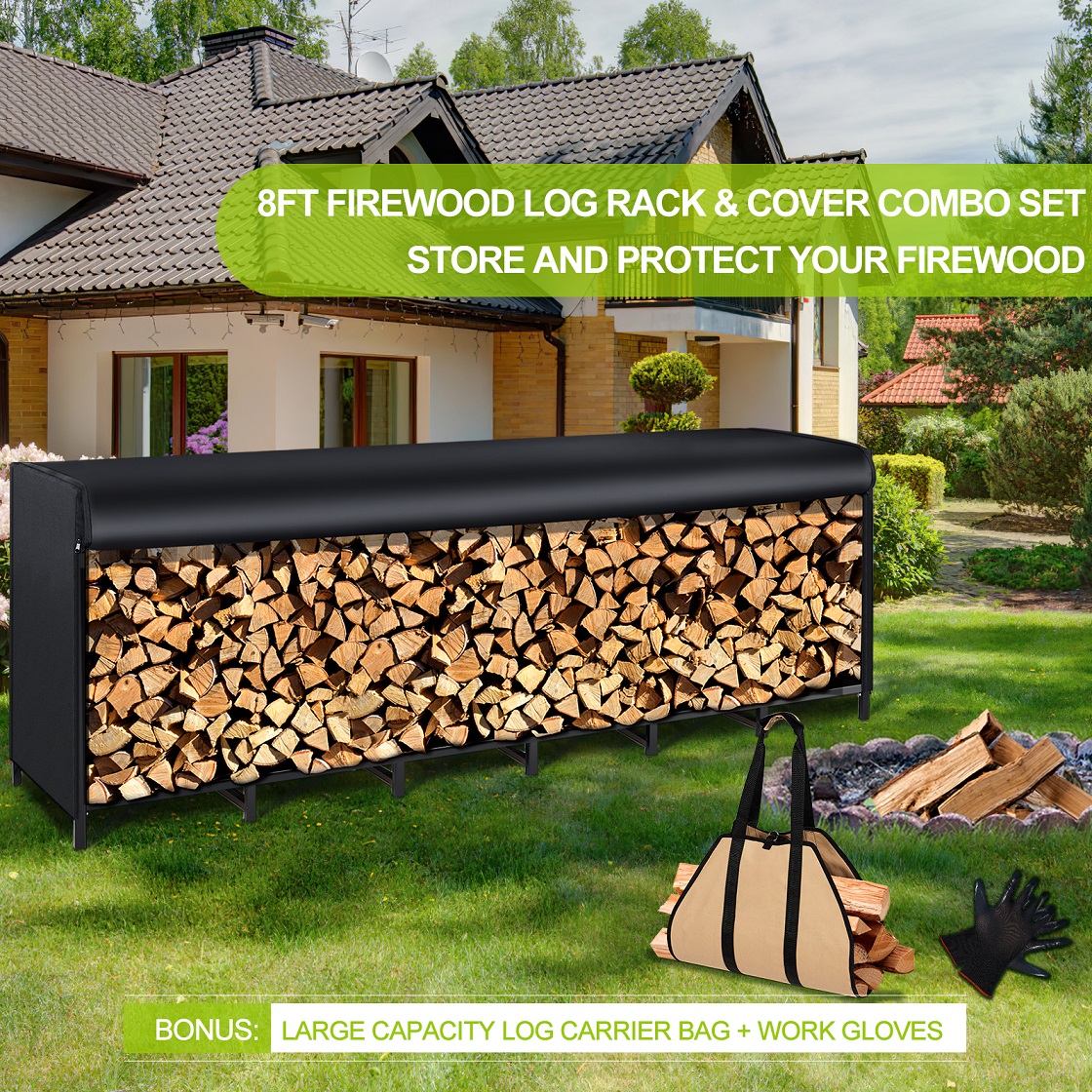 8ft Firewood Rack with Cover Combo Set Waterproof Outdoor Log Holder