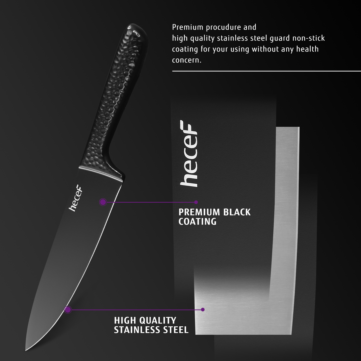 hecef Black Knife Set with Hammered Handle, NonStick Coating Knife