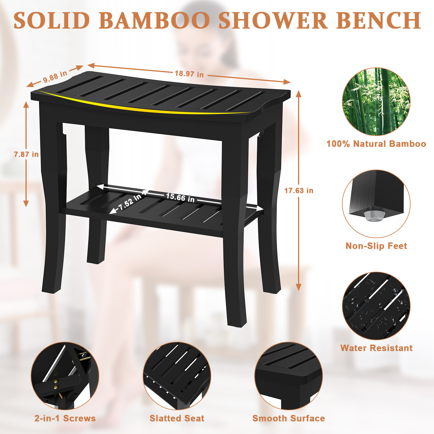 Domax Bamboo Shower Benches for Inside Shower Bathroom Bench Seat