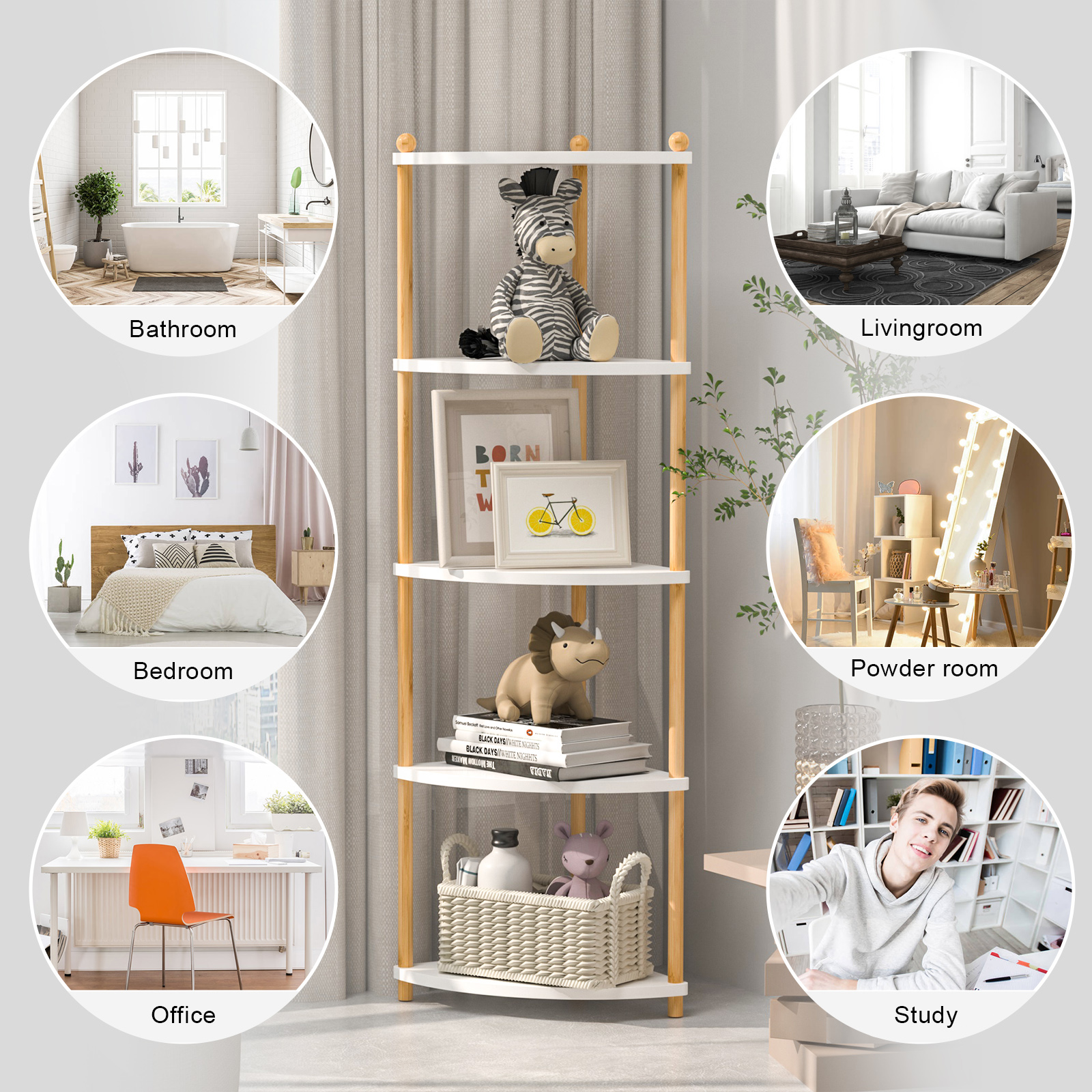 Wood Corner Shelf Stand for Living RoomBlack Corner Shelving Unit 3