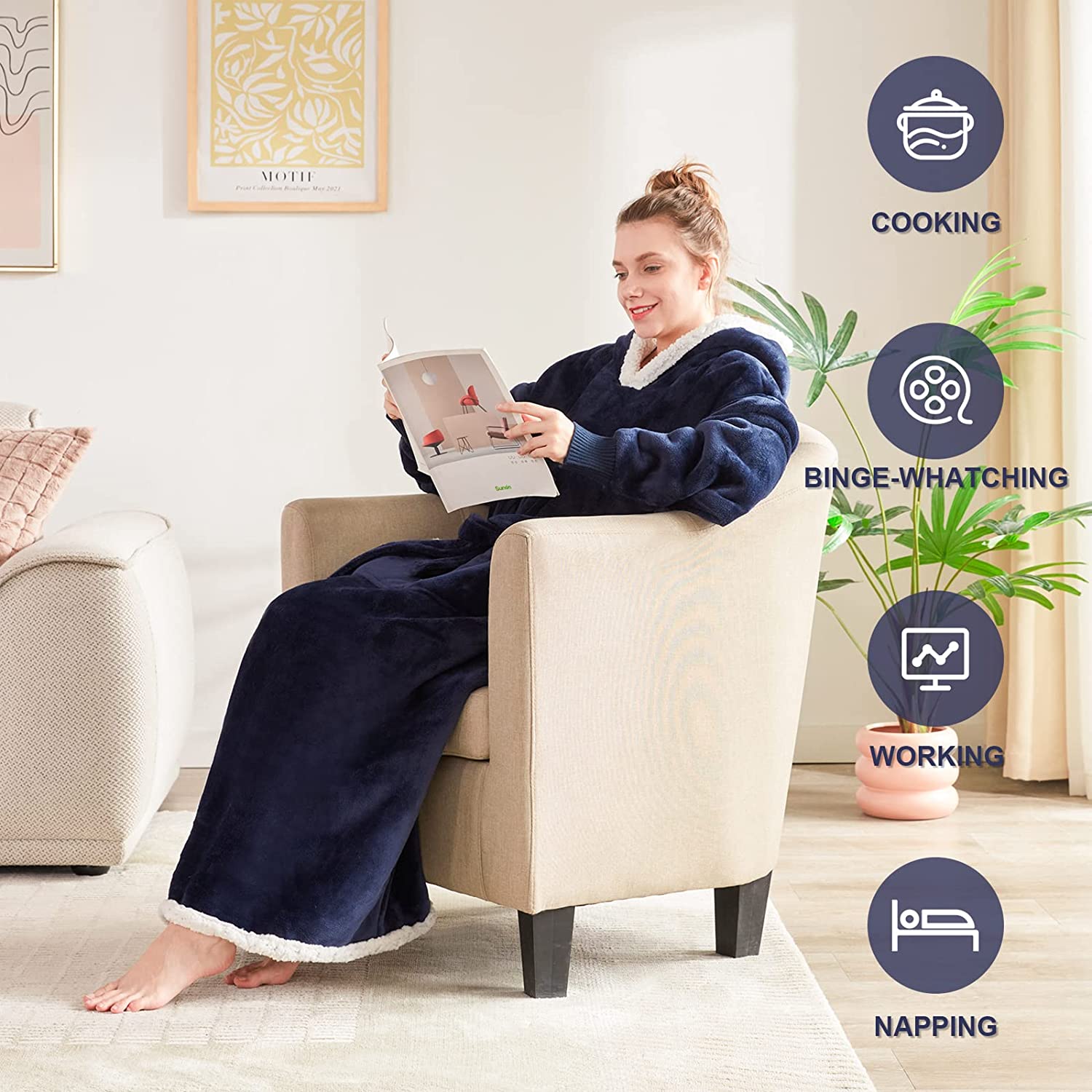 Touchat Wearable Blanket Hoodie Blanket, Flannel Sherpa Fleece Comfy Blanket Hoodie, Oversized