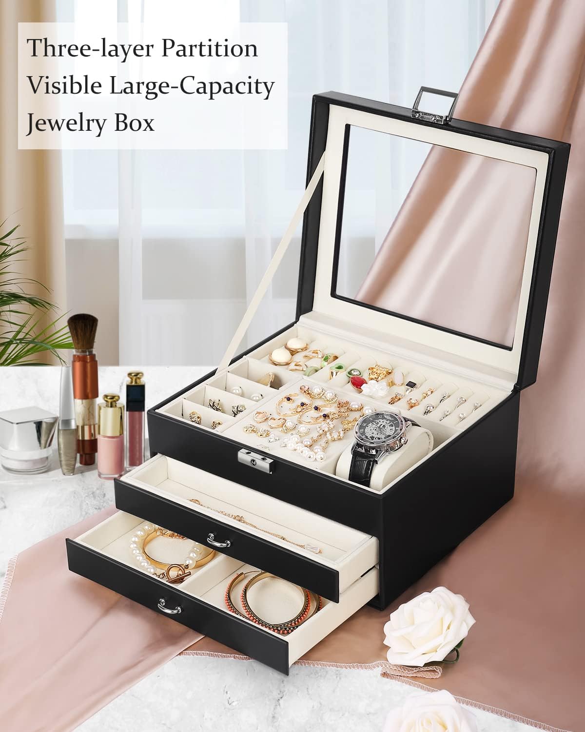 Jewelry Boxes for Women with Glass Lid Top 3Layer Jewelry Organizer