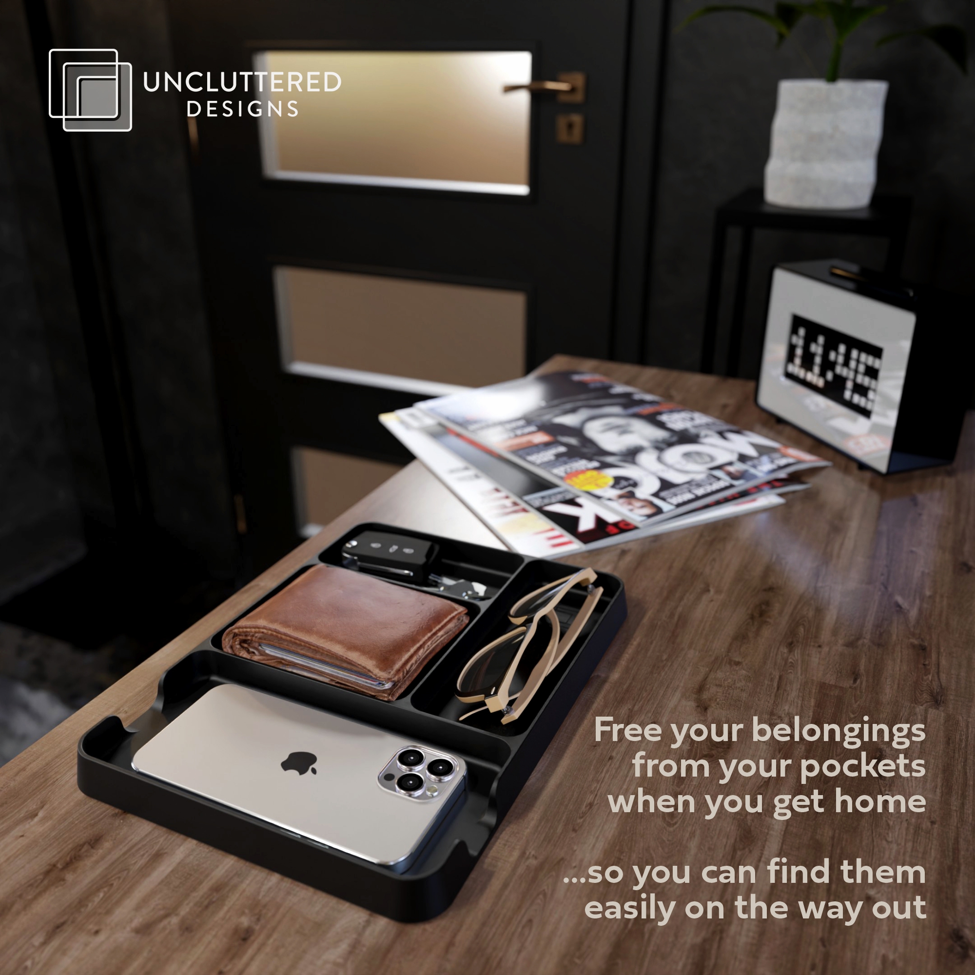 Valet Tray (Black) Night Stand Organizer Perfect Bedside, Dresser