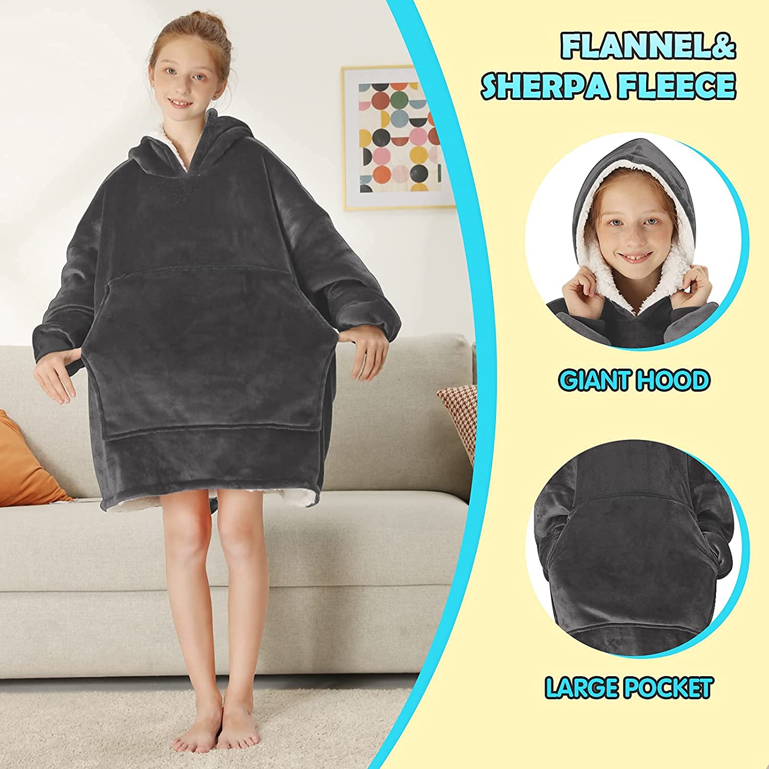 yescool Wearable Blanket Hoodie Kids, Oversized Blanket Sweatshirt with