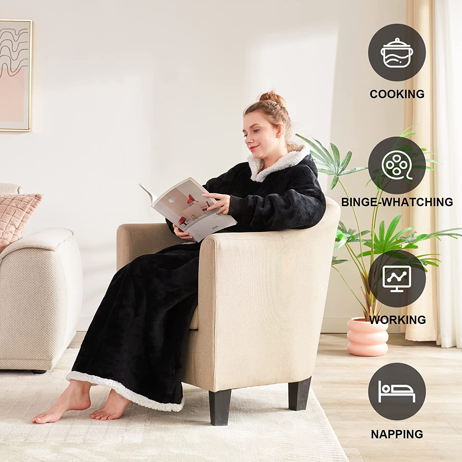 Touchat Wearable Blanket Hoodie, Flannel Sherpa Fleece Hooded Blanket