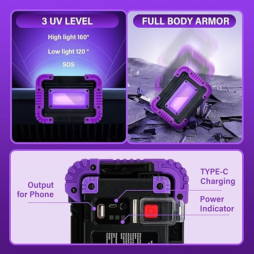 Rechargeable Black Light, Battery Powered Blacklight, Cordless 395nm Ultraviolet Flood Light for