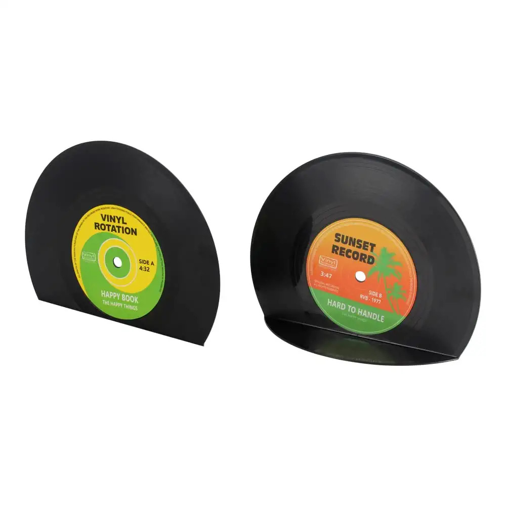 VinBee Retro Vinyl Bookends Black Record Book Ends Classic CD Vintage Decorative Bookends for