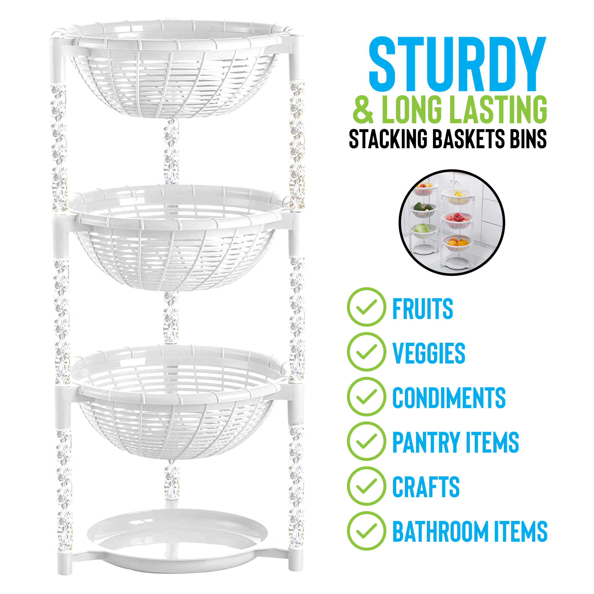 Uncluttered Designs Stacking Basket Bins (3 Tier + Plate) — Display for ...