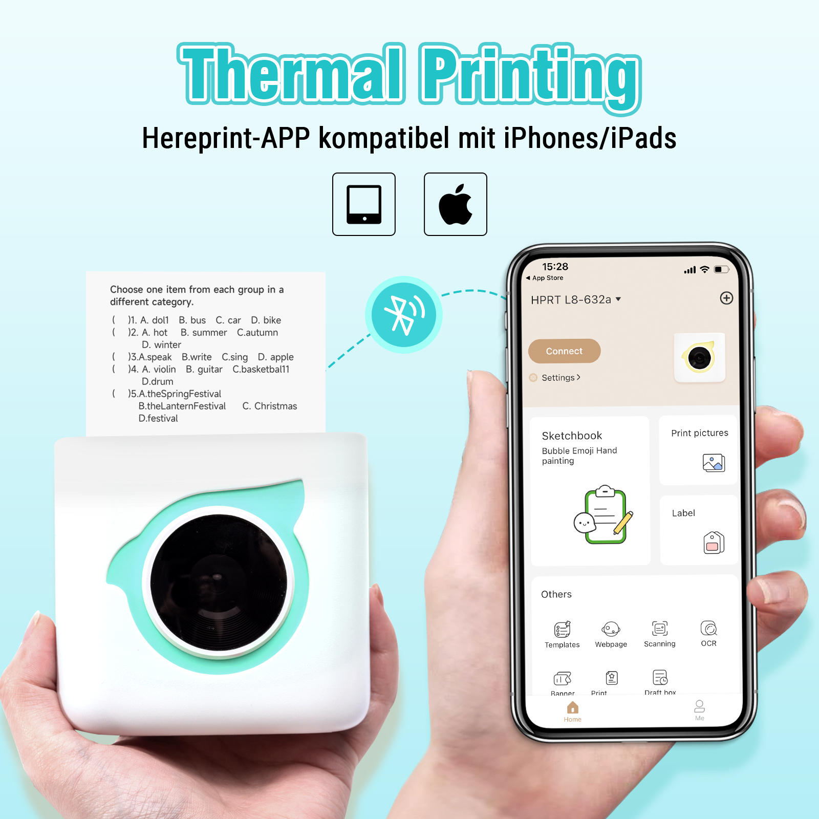 PRINHSJI Mini Thermodrucker - Bluetooth Aufkleberdrucker Mit 11 Rollen Papier