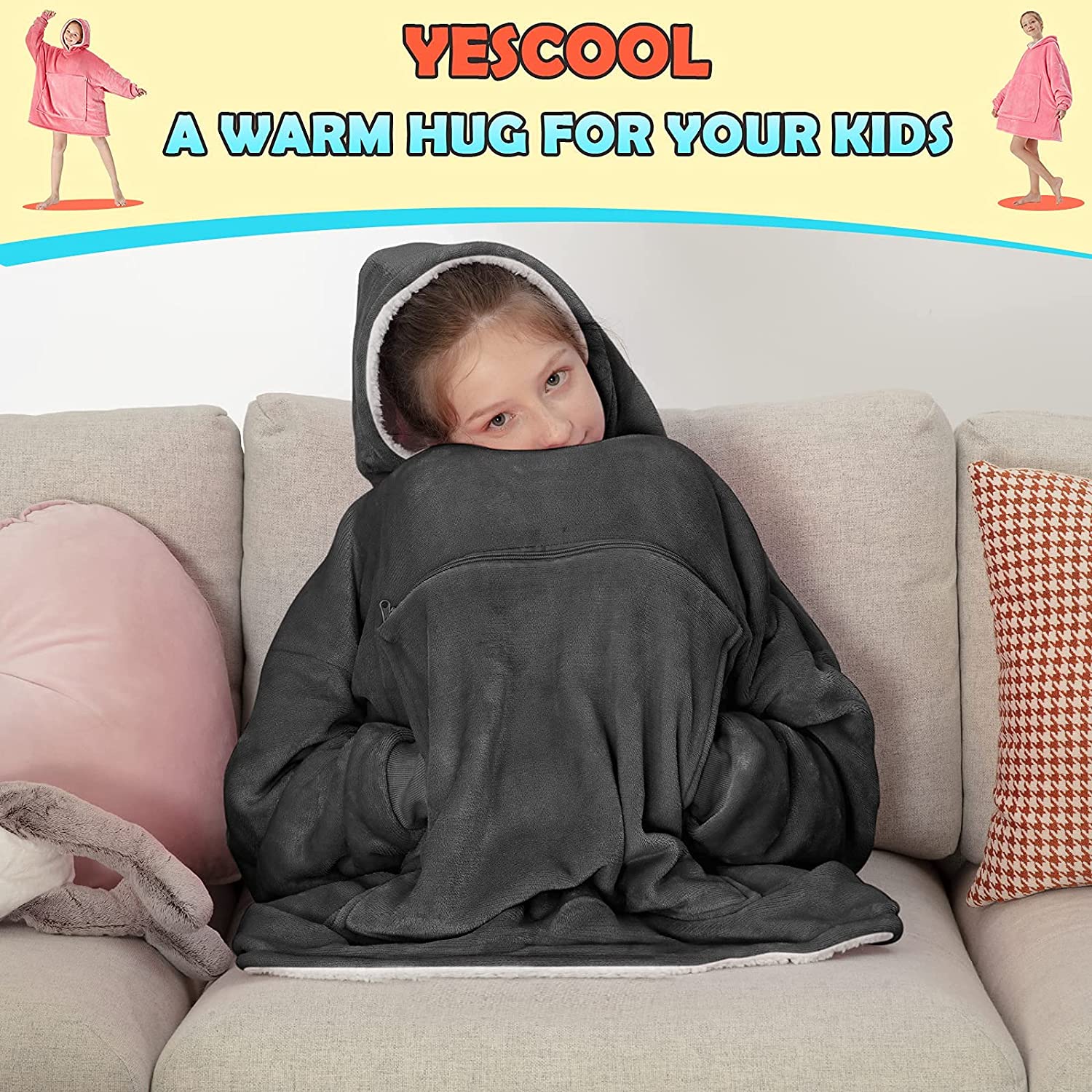 yescool Wearable Blanket Hoodie Kids, Oversized Blanket Sweatshirt with