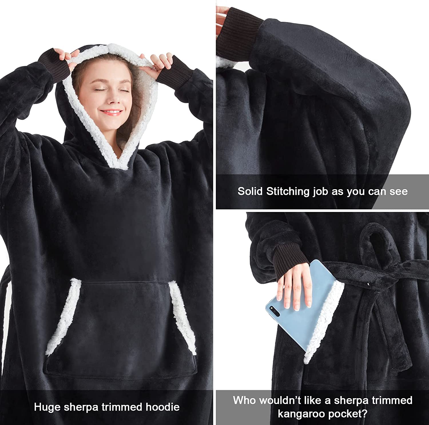 Touchat Wearable Blanket Hoodie, Flannel Sherpa Fleece Hooded Blanket