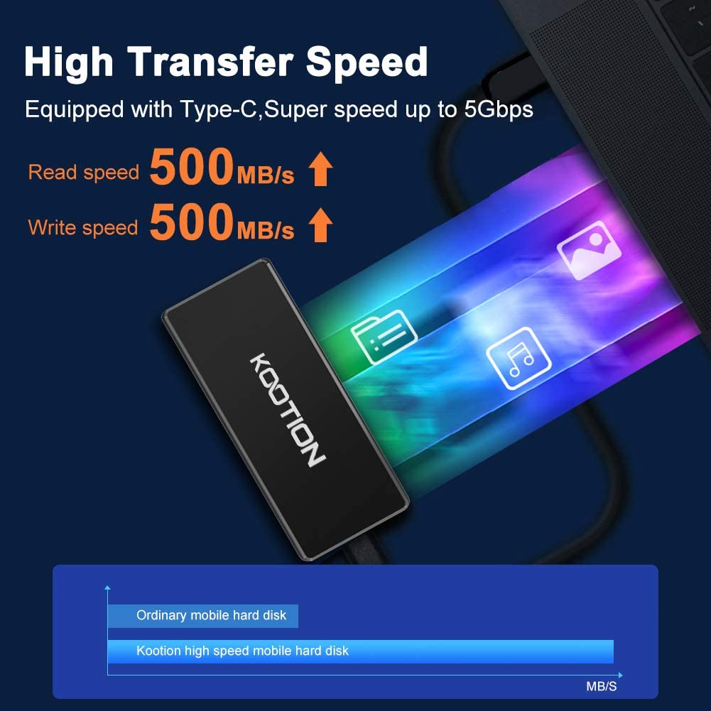 KOOTION External SSD Hard Drive 120GB Portable SSD USBC Solid State Drive Up to 540MB/s, USB 3.