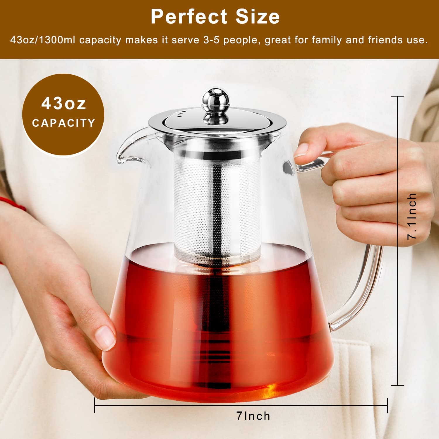 Molgree Glass Teapot Stovetop Safe, 43oz Glass Teapot with Infuser, Glass Tea Kettle Glass Tea