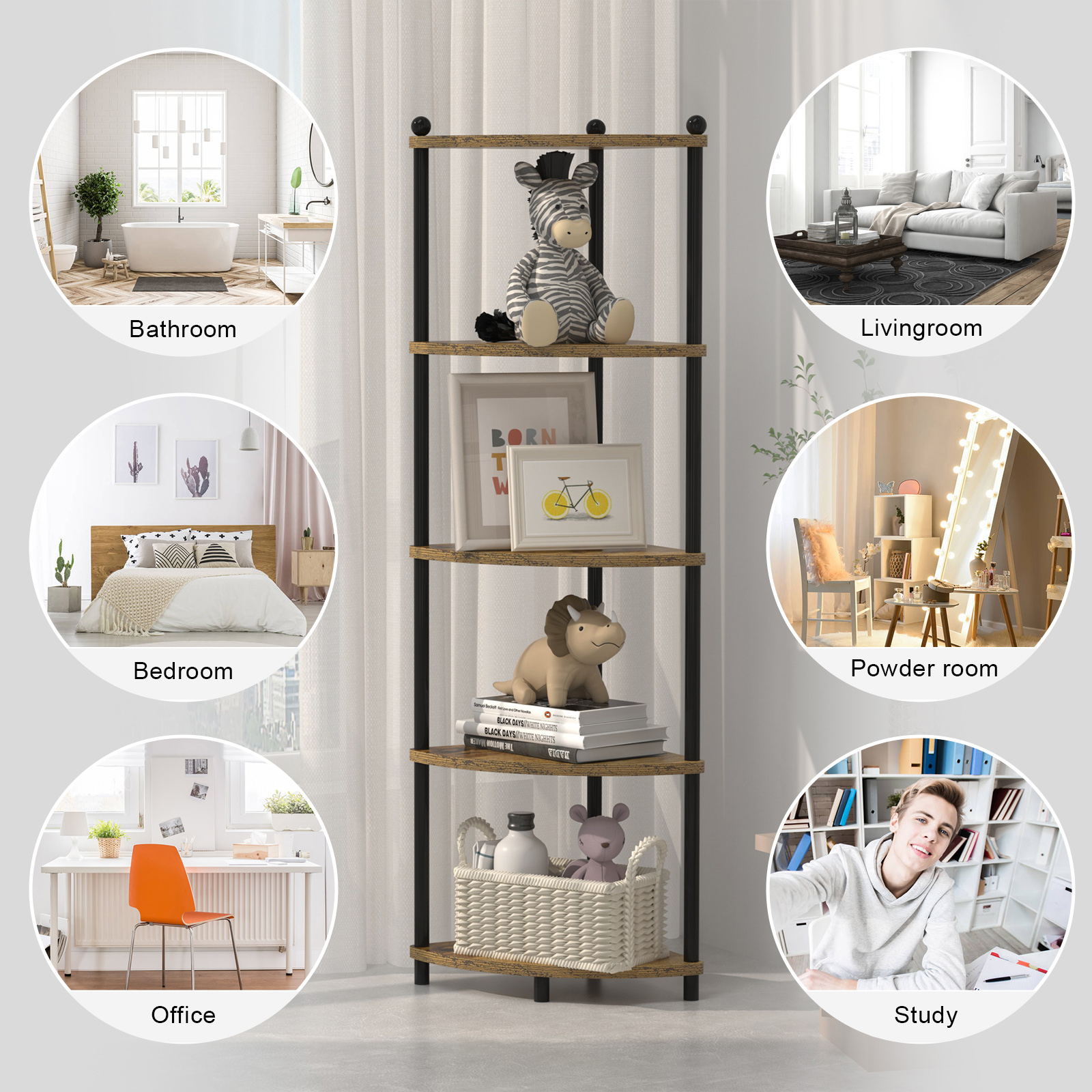 Black Corner Shelf Stand for Living RoomWood Corner Shelving Unit 5