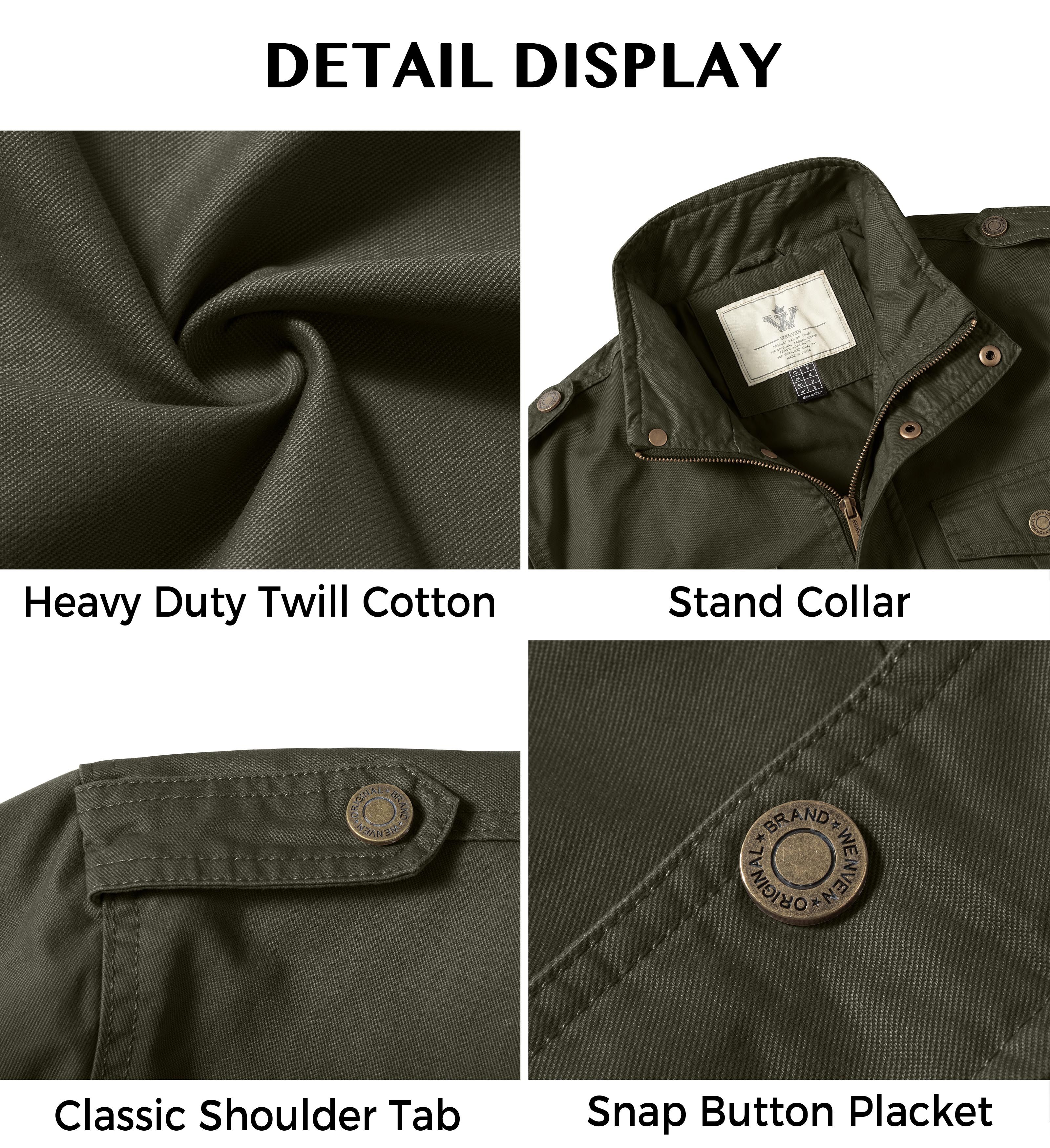 WenVen Men's Fall Lightweight Cotton Military Jacket Long Sleeve