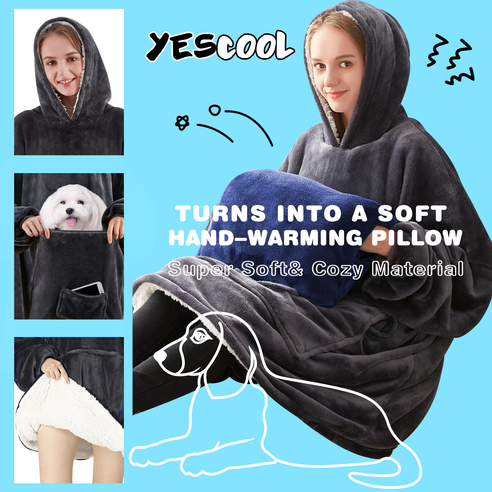 yescool Wearable Blanket Hoodie, Oversized Sherpa Hooded Blanket